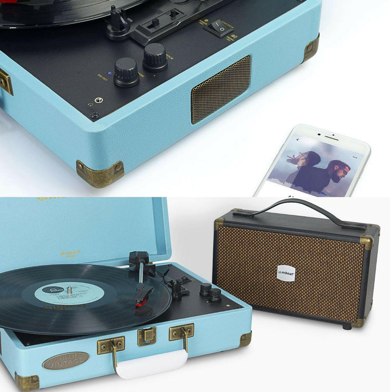 mbeat - Woodstock 2 Sky Blue Retro Turntable Player with BT Receiver & Transmitter